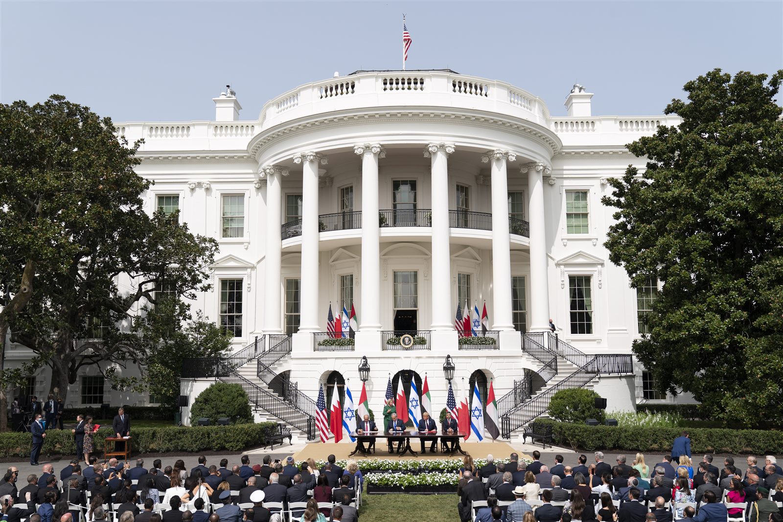 The Abraham Accords signing at the White House in 2020, with Israel's prime minister and the foreign ministers of the UAE and Bahrain.
