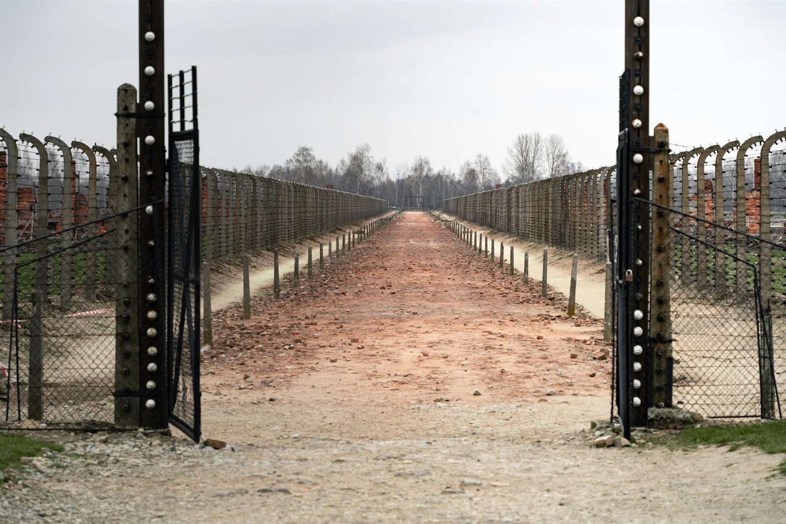 The gate and railway of the Auschwitz-Birkenau memorial.