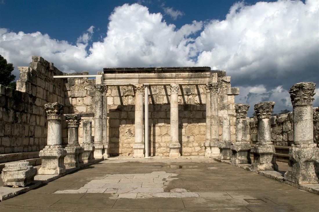 The ruins of the ancient synagogue at Capernaum on the shore of the Sea of Galilee.