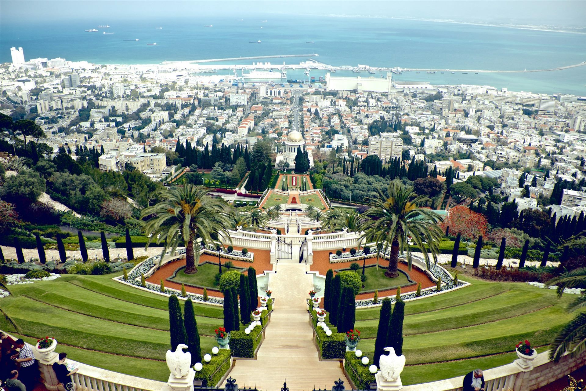 The Bahai Gardens and the Shrine of the Bab on Mount Carmel in Haifa, above the bay.