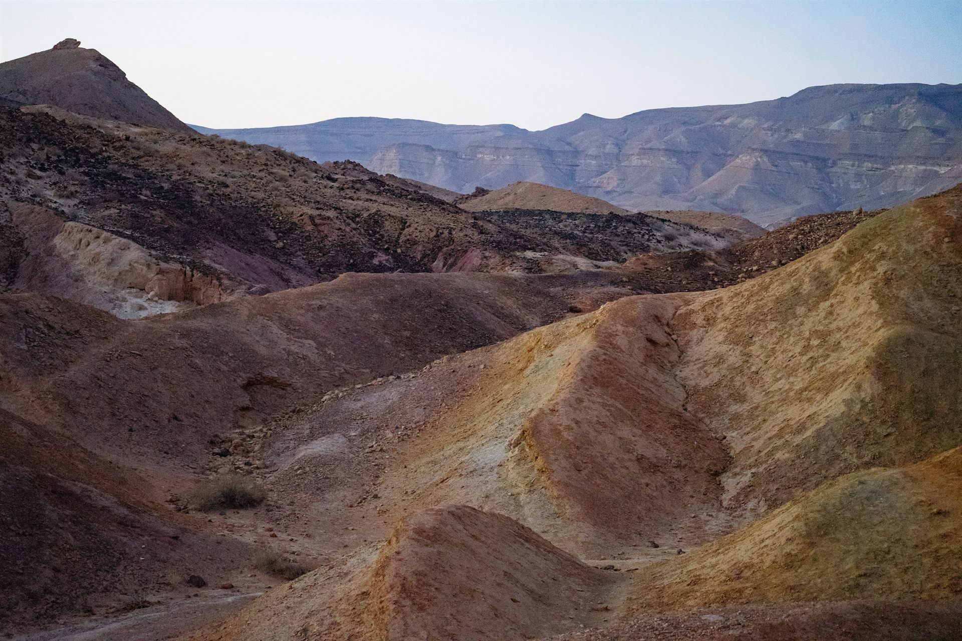 The arid hills and canyons of the Negev desert in southern Israel.