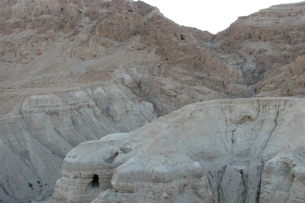 The cliff caves at Qumran above the Dead Sea, where the Dead Sea Scrolls were found.