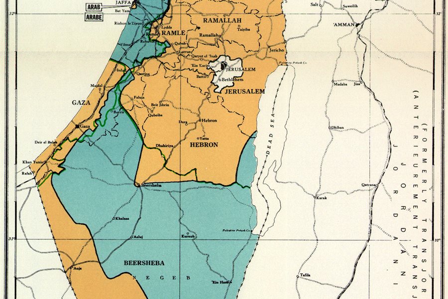 The 1947 United Nations partition plan map of Palestine, showing the territory between the Jordan River and the Mediterranean Sea divided between a proposed Jewish state and a proposed Arab state.